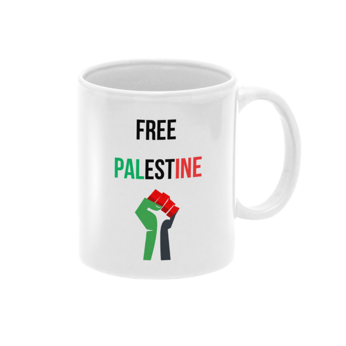 White mug with “Free Palestine” slogan – all profits donated to a family in Gaza.