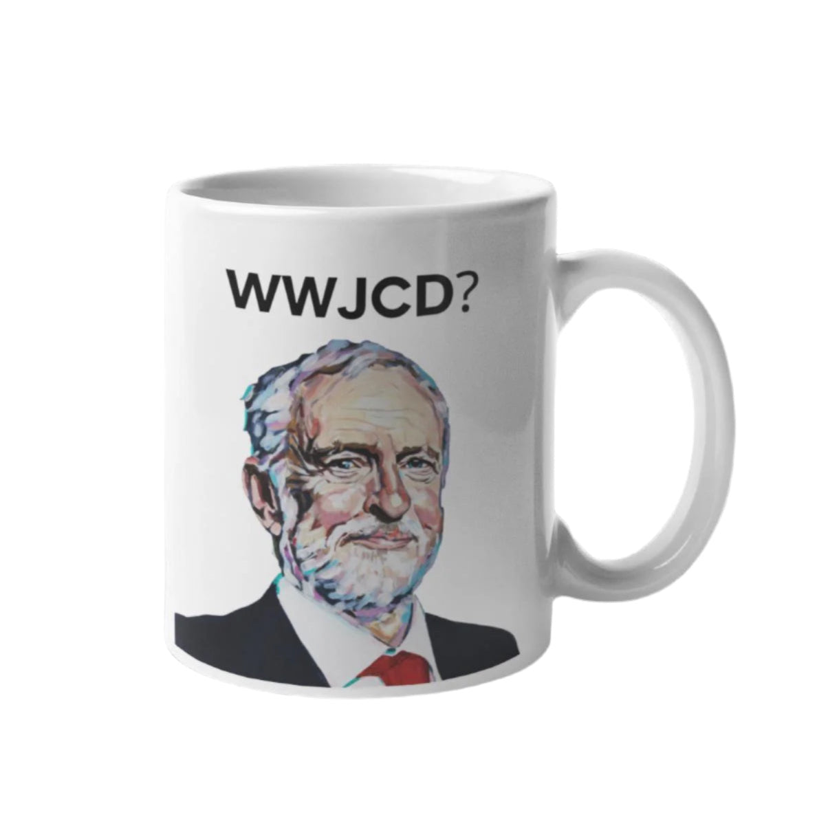 WWJCD? Jeremy Corbyn Mug – ceramic mug featuring a bold socialist-inspired design, perfect for left-wing tea drinkers.
