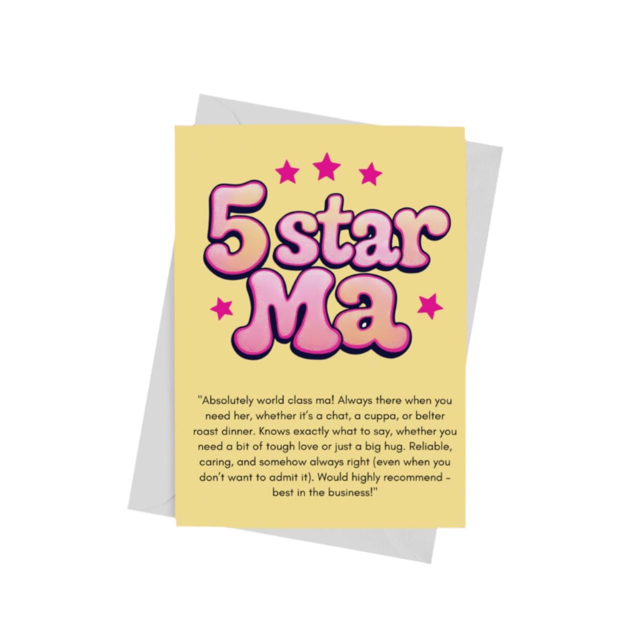 A ‘5 Star Ma’ Mother’s Day card featuring a funny review-style design – a unique Scouse gift for mums.