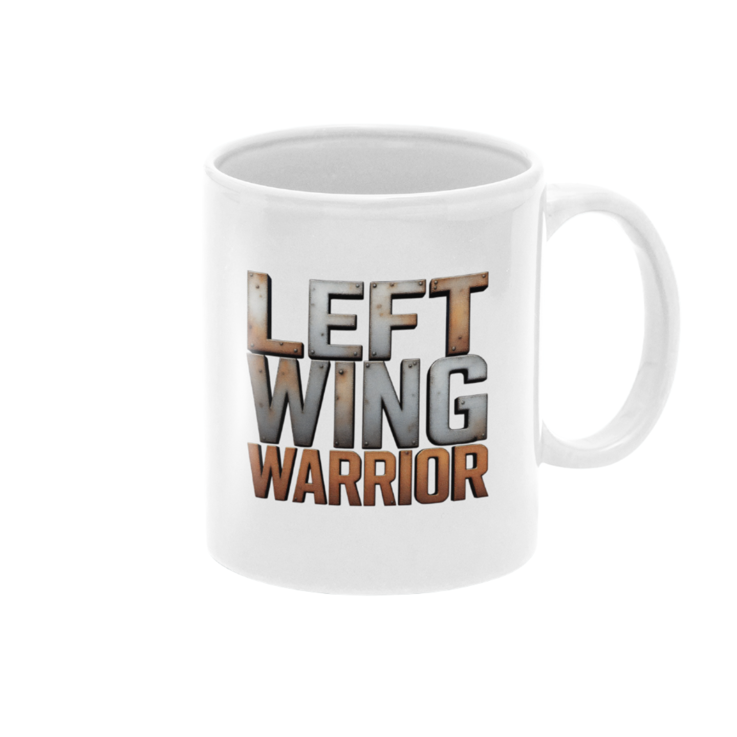 White mug with 'LEFT WING WARRIOR' text on a light blue background