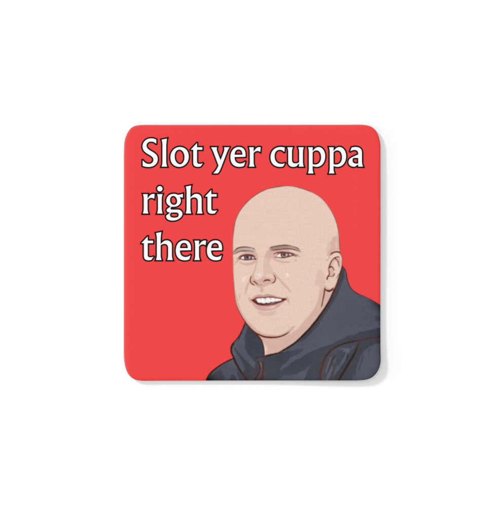 Slot Yer Cuppa Right There Arne Slot Coaster – funny Liverpool FC inspired coaster, perfect for fans of the new era.