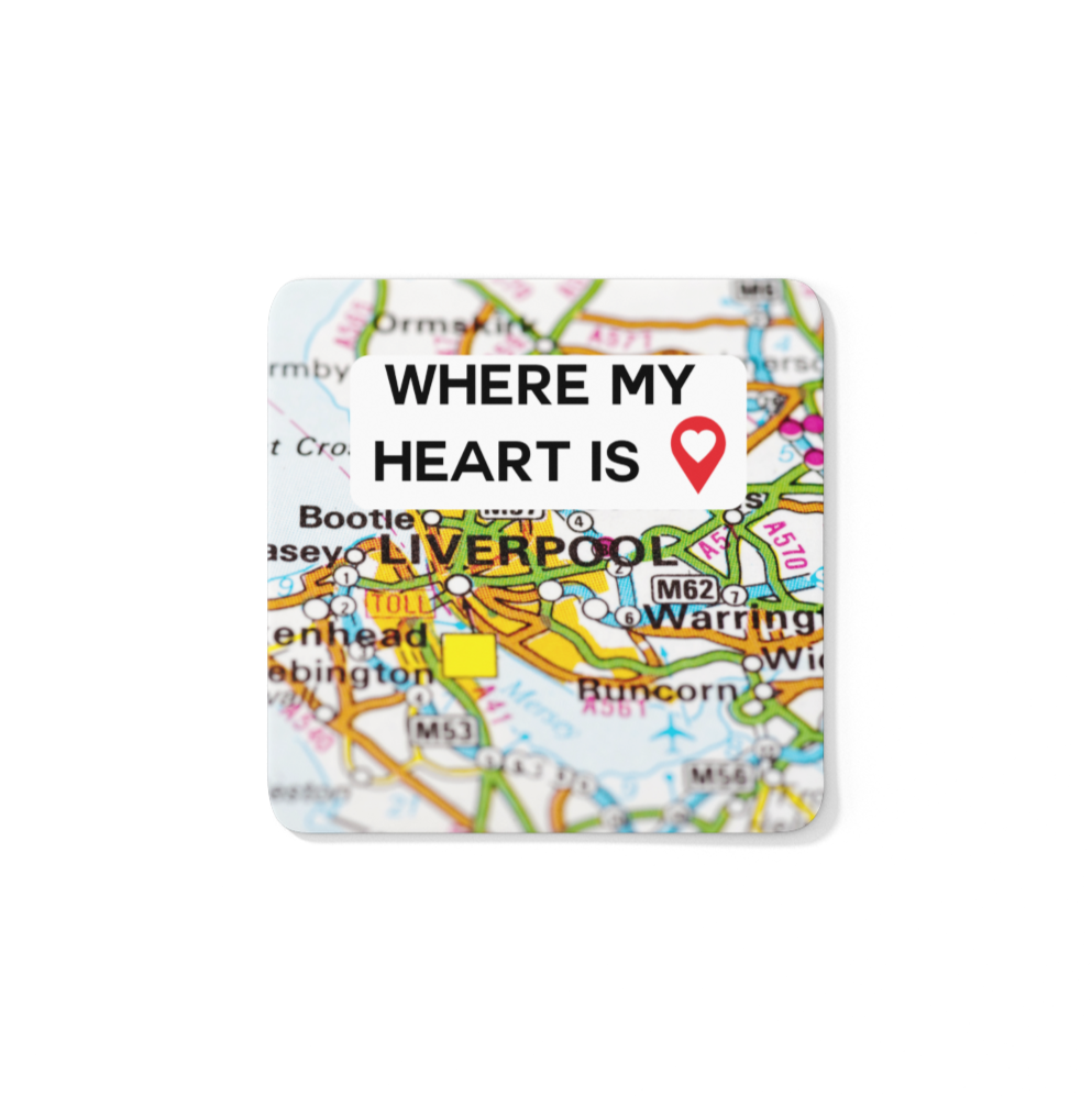 Where My Heart Is Liverpool Coaster – heat-resistant coaster featuring a heartfelt Liverpool-inspired design, perfect for Scousers at home or away.