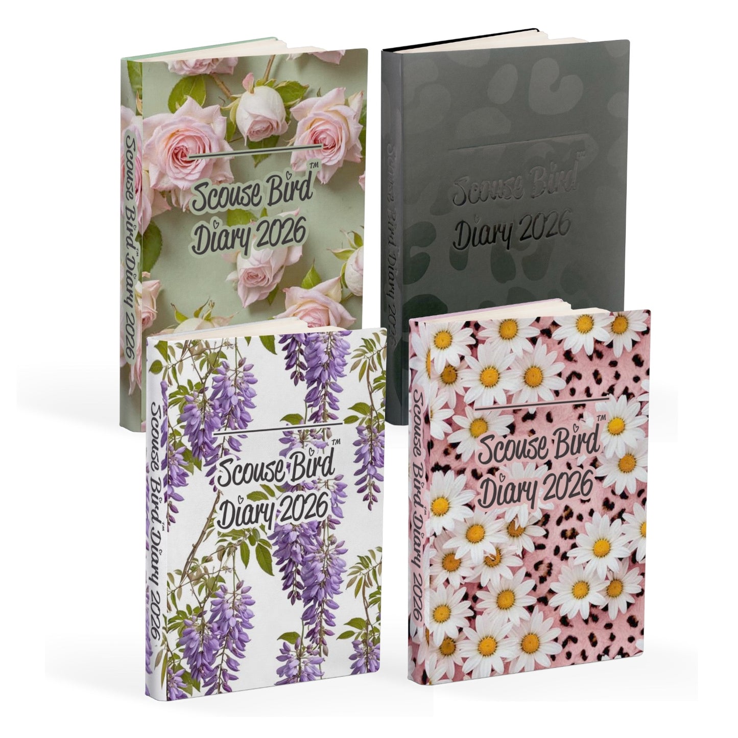Four floral-themed diaries from Scouse Bird Diary 2026 on a white background
