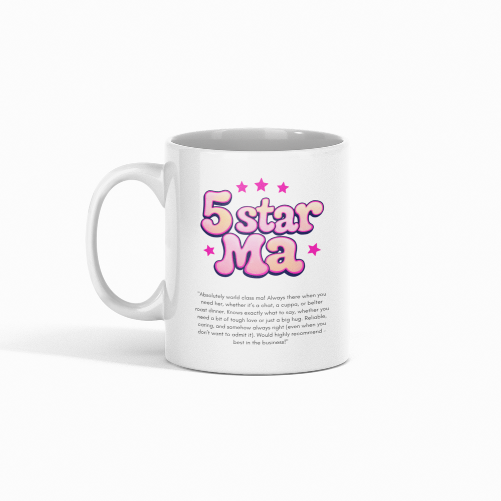 A ‘5 Star Ma’ mug featuring a funny review-style design – the perfect Mother’s Day gift for a top-tier mum.