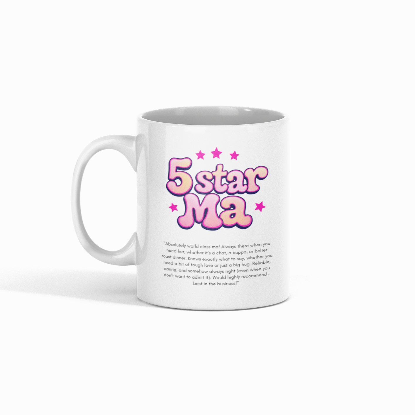 A ‘5 Star Ma’ mug featuring a funny review-style design – the perfect Mother’s Day gift for a top-tier mum.