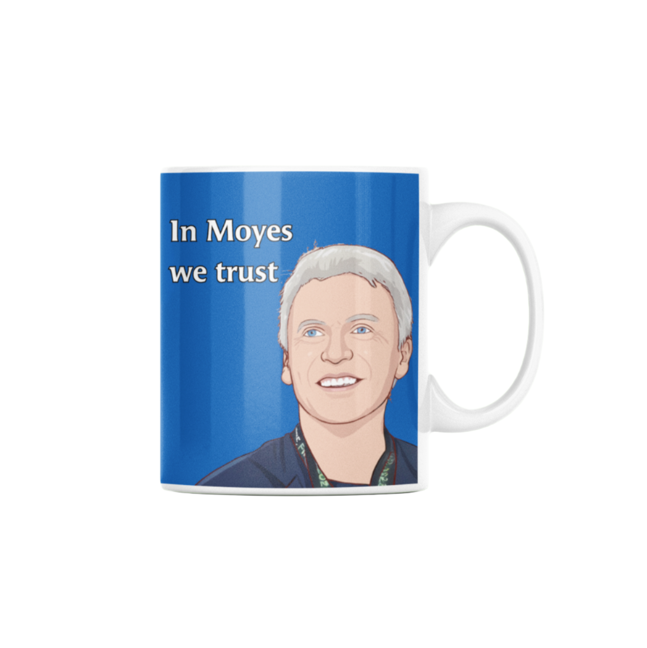 In Moyes We Trust Everton FC Mug – bold ceramic mug celebrating David Moyes’s return to Everton.