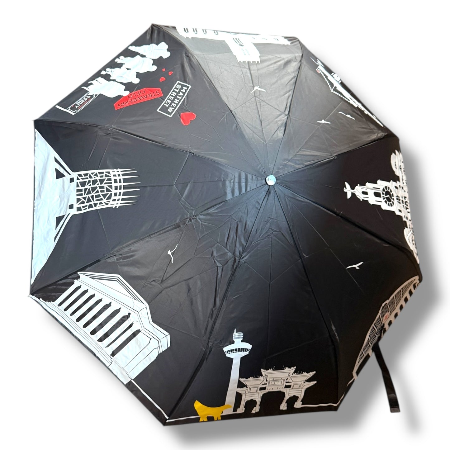 Black foldaway umbrella with white Liverpool skyline print – compact and stylish.