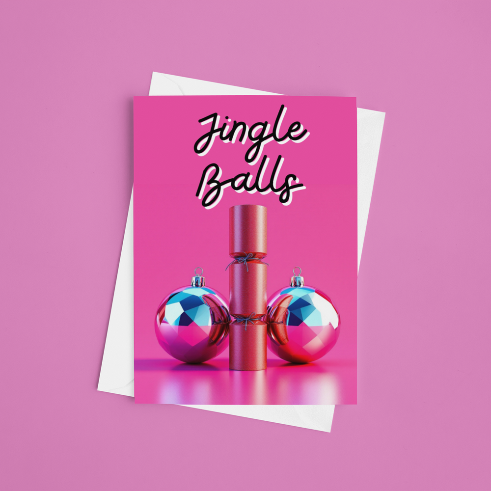 jingle balls christmas card pink featuring two baubles and a cracker