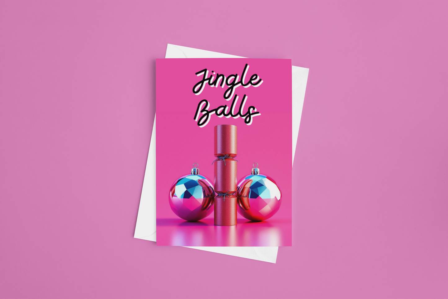 jingle balls christmas card pink featuring two baubles and a cracker