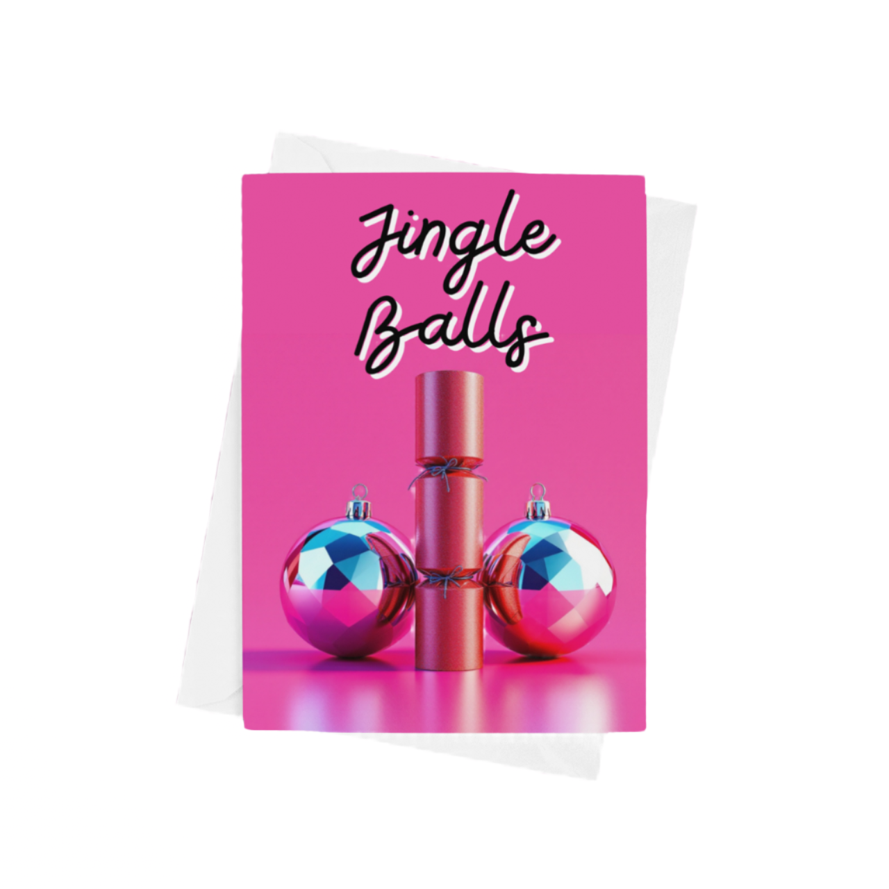 christmas card featuring two baubles and a cracker saying jingle balls