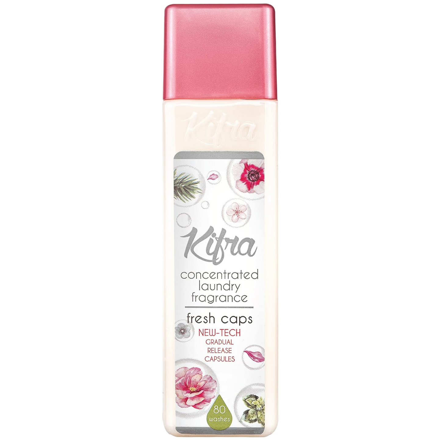Bottle of Kifra Fresh Caps laundry perfume – 80 wash bottle with classic fresh laundry scent.