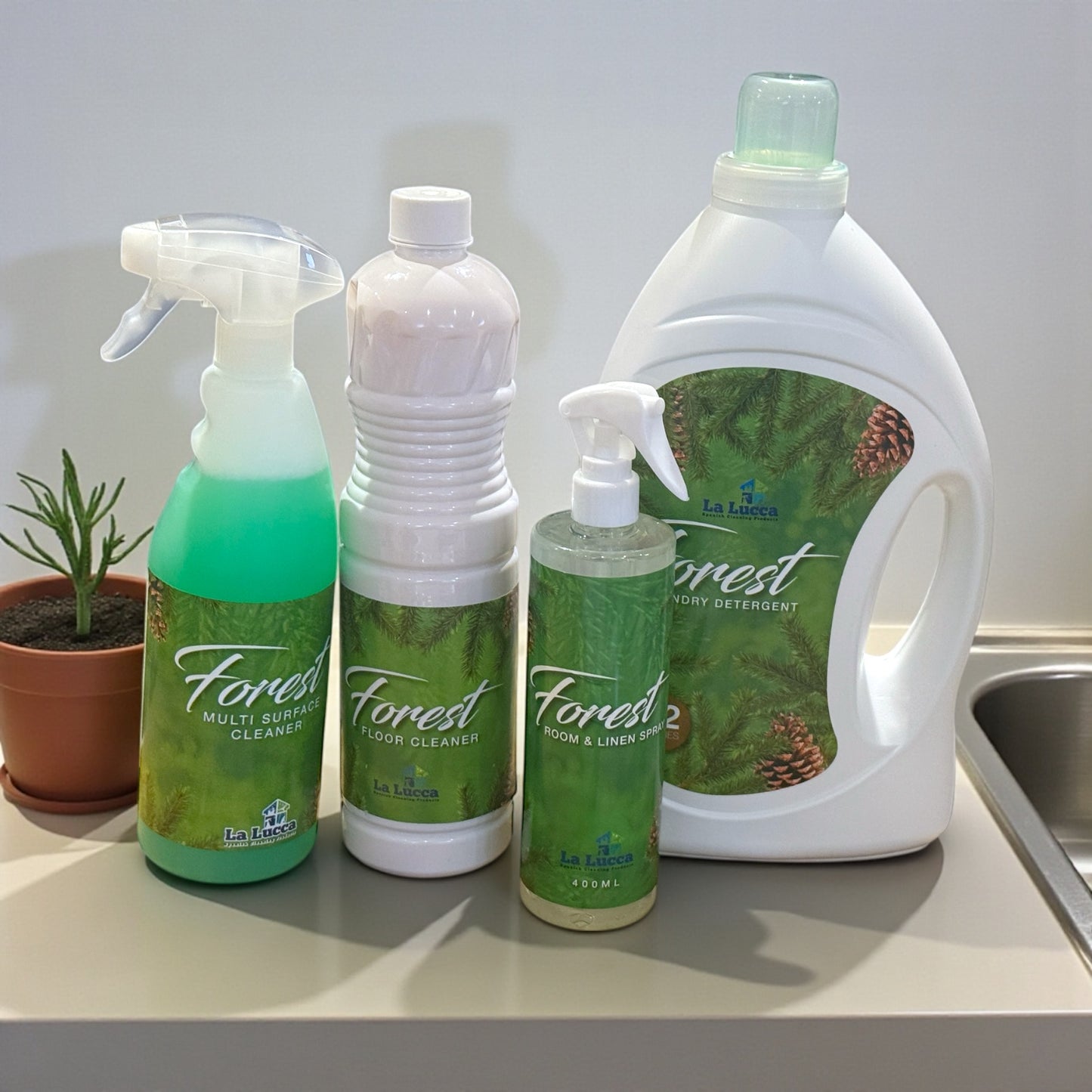 Forest Fresh Cleaning Bundle – includes detergent, floor cleaner, air spray, and multi-surface cleaner in Kifra-inspired scent.
