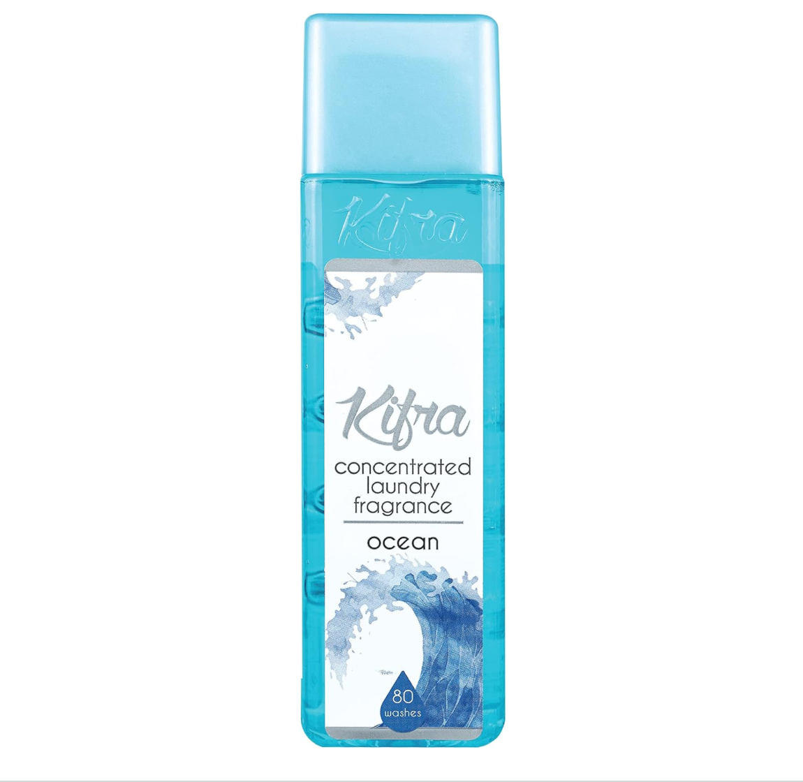 Bottle of Kifra Ocean laundry perfume – fresh sea breeze scent for long-lasting clean laundry.