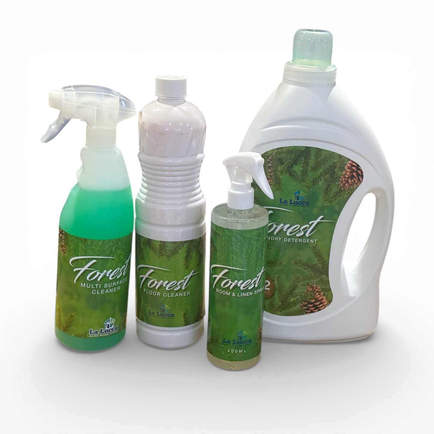 Forest Fresh Cleaning Bundle – includes detergent, floor cleaner, air spray, and multi-surface cleaner in Kifra-inspired scent.
