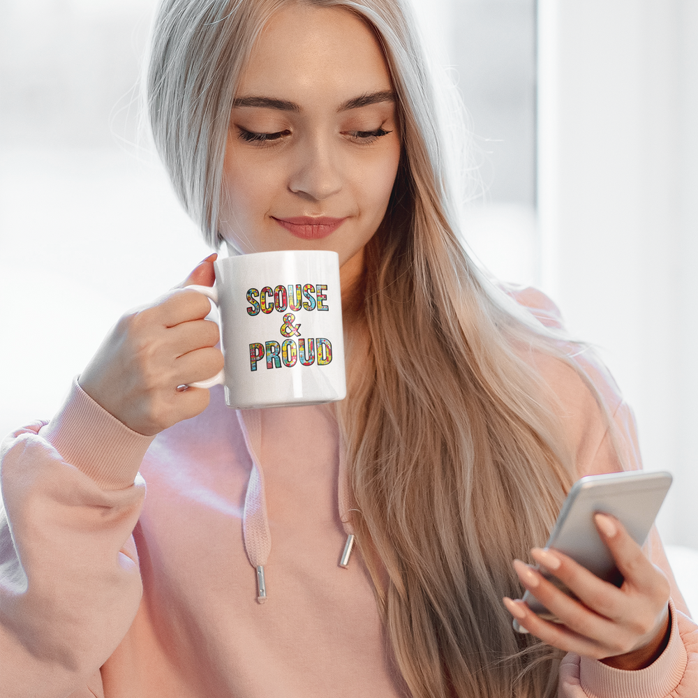 Girl using her Scouse & Proud Mug – bold ceramic mug celebrating Liverpool pride, perfect for everyday tea or coffee.