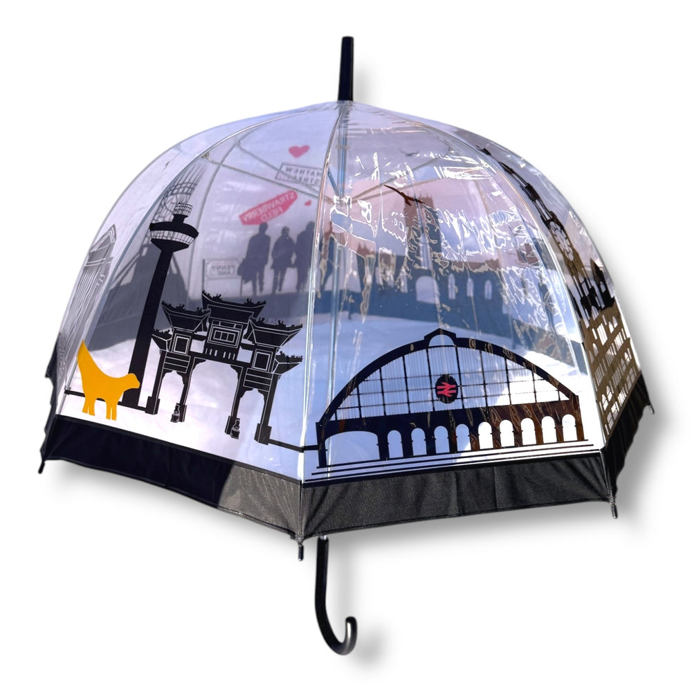 
                  
                    Liverpool Skyline Clear Umbrella Parasol style showing colourful skyline of liverpool including all iconic locations like Beatles lambana liver bird. great liverpool gift
                  
                