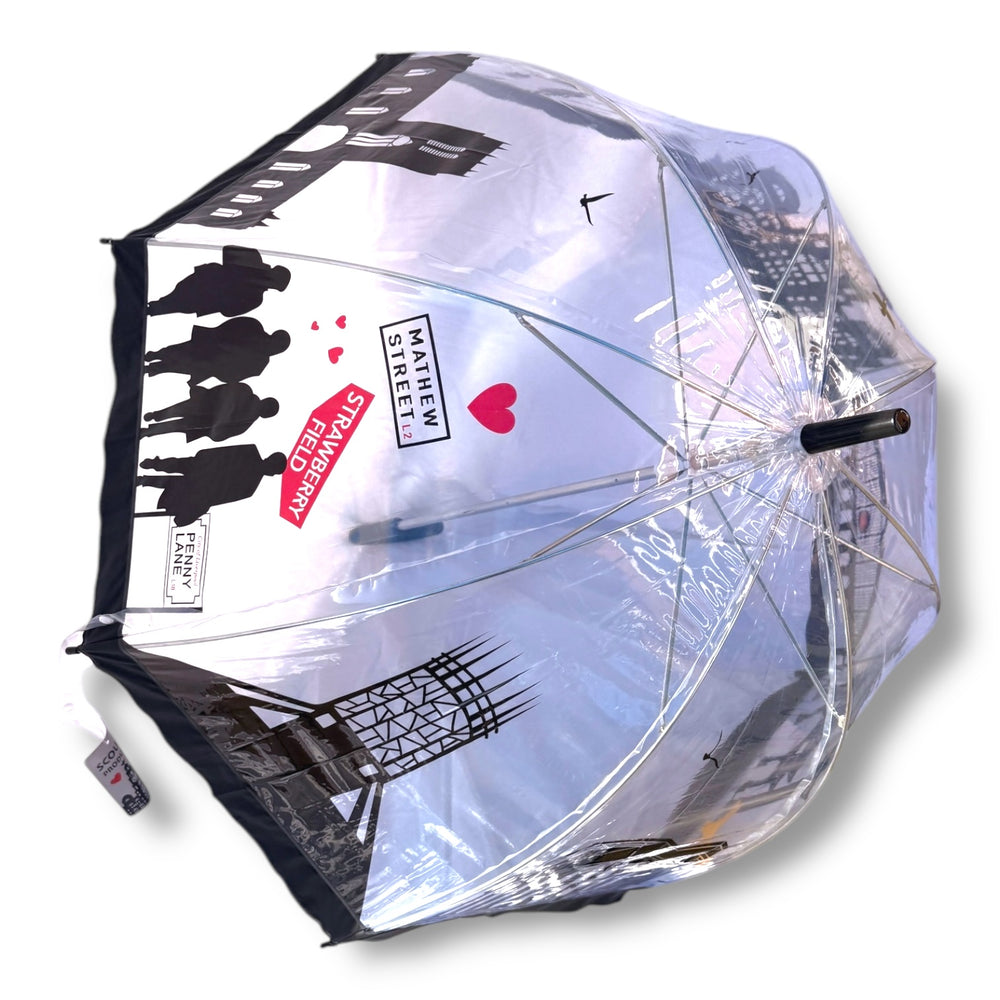 Liverpool Skyline Clear Umbrella Parasol style showing colourful skyline of liverpool including all iconic locations like Beatles lambana liver bird. great liverpool gift