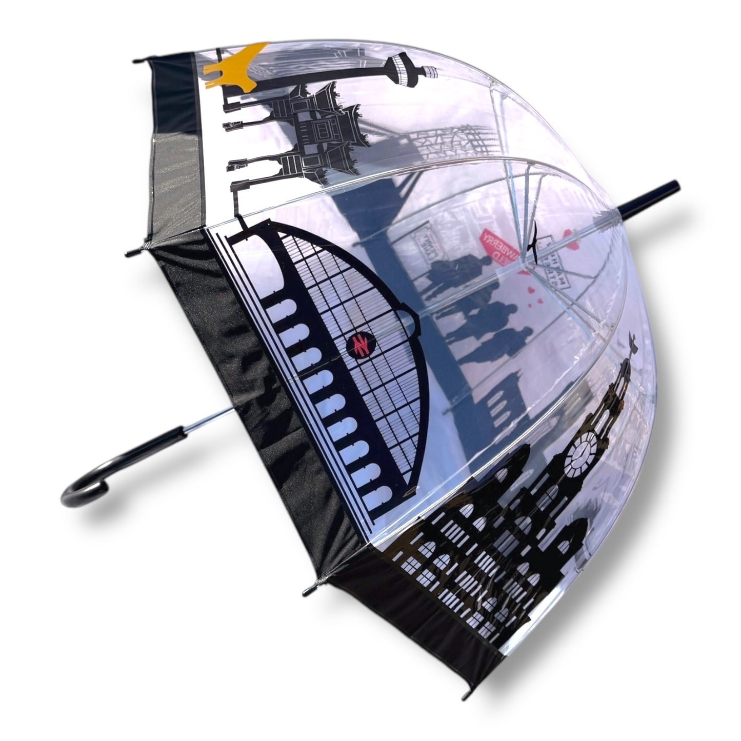 Liverpool Skyline Clear Umbrella Parasol style showing colourful skyline of liverpool including all iconic locations like Beatles lambana liver bird. great liverpool gift