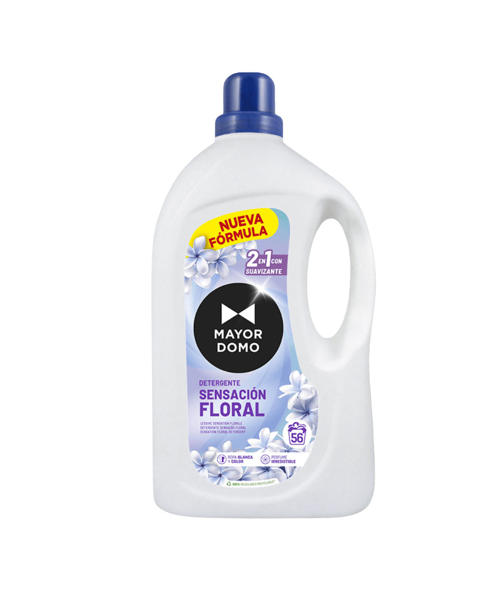Bottle of Mayordomo 2-in-1 detergent and softener in floral scent – Spanish laundry product.