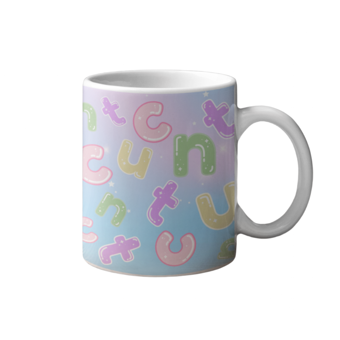 Pastel ceramic mug with jumbled letters spelling CUNT in soft colours
