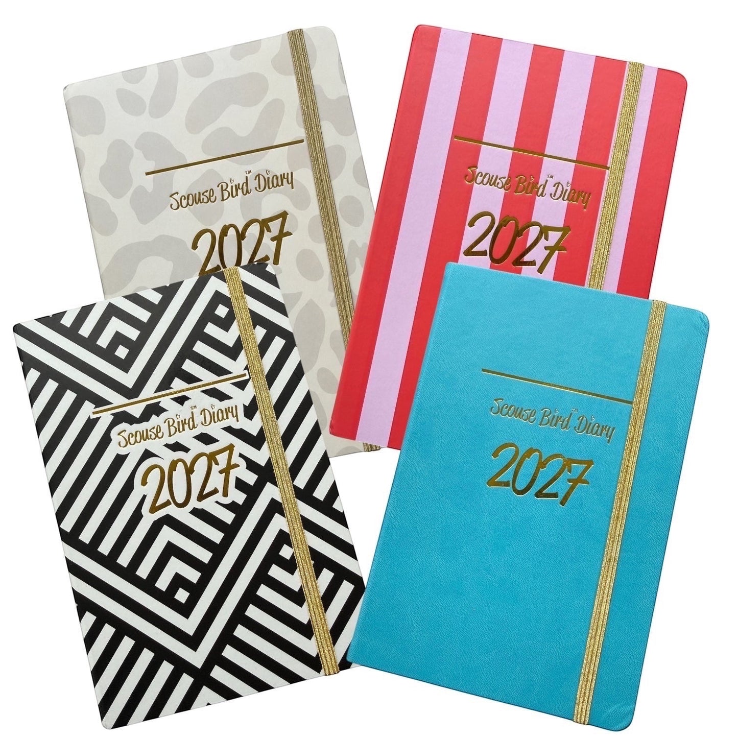 Scouse Bird Shop 2027 diary with a red and pink striped cover, gold foil lettering, and a gold elastic closure.