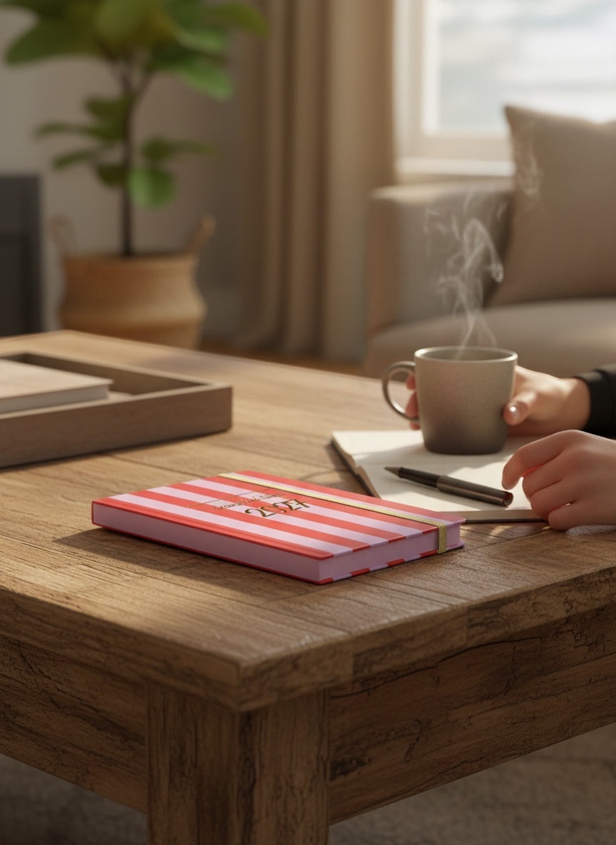Scouse Bird Shop 2027 diary with pink and red stripes on a wooden table next to a steaming mug of coffee.