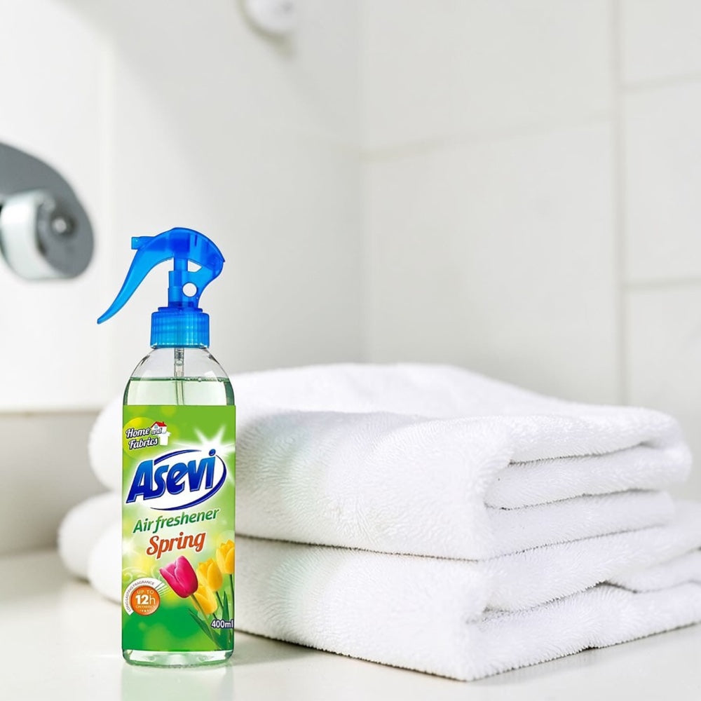 Scouse Bird Shop Asevi Spring Air Freshener & Linen Spray with blue trigger, green liquid, and floral design. 400ml.