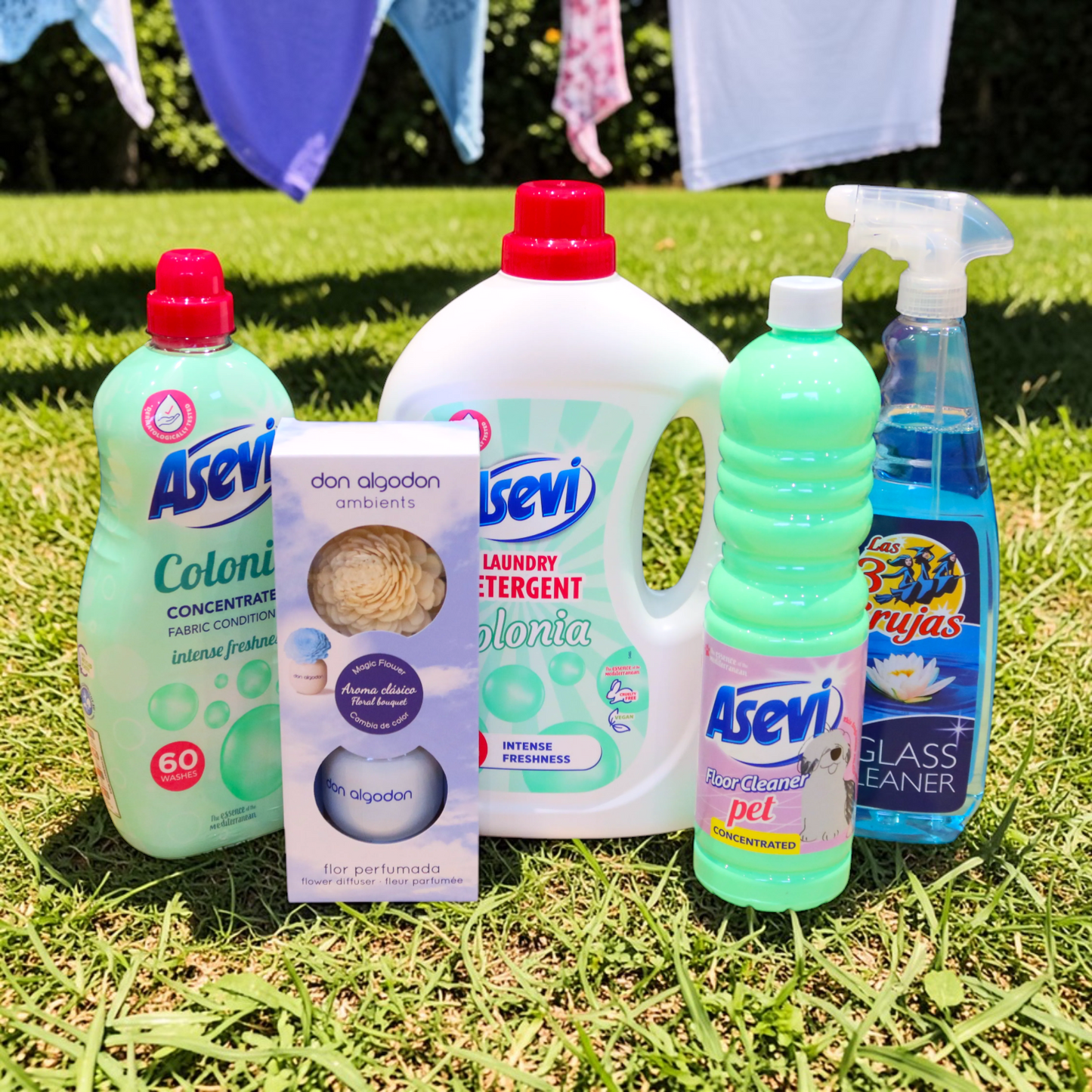 Scouse Bird Shop Faves Starter Bundle: Asevi floor cleaner, La Lucca detergent, Don Algodon diffuser, and Las 3 Brujas glass cleaner.