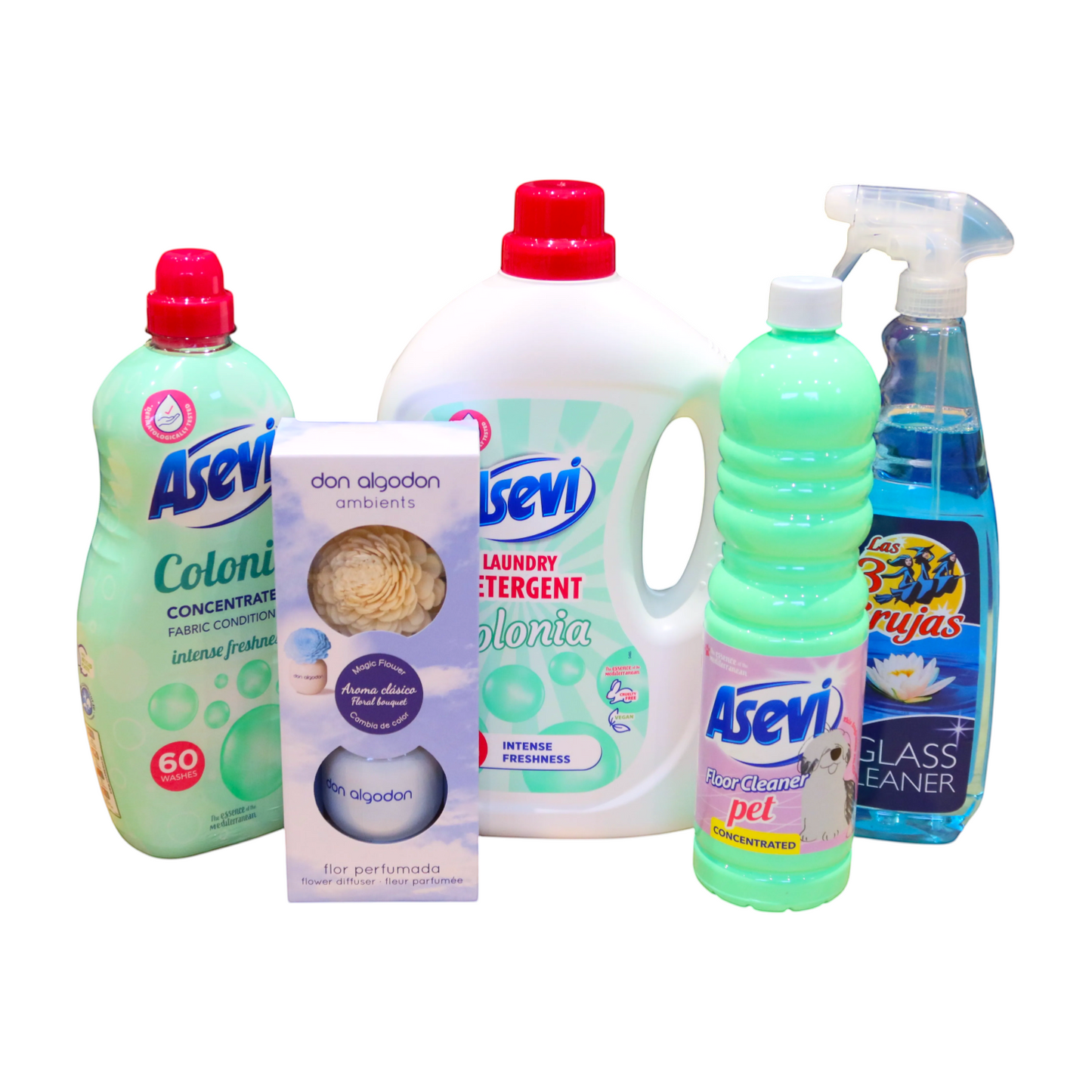Scouse Bird Faves Starter Bundle: Asevi laundry detergent, fabric conditioner, pet floor cleaner, glass cleaner, and Don Algodon diffuser.
