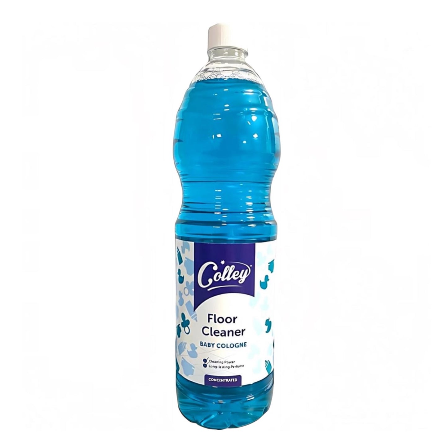 Scouse Bird Shop Colley 1.5L floor cleaner in a clear bottle with bright blue liquid and baby cologne scent branding.