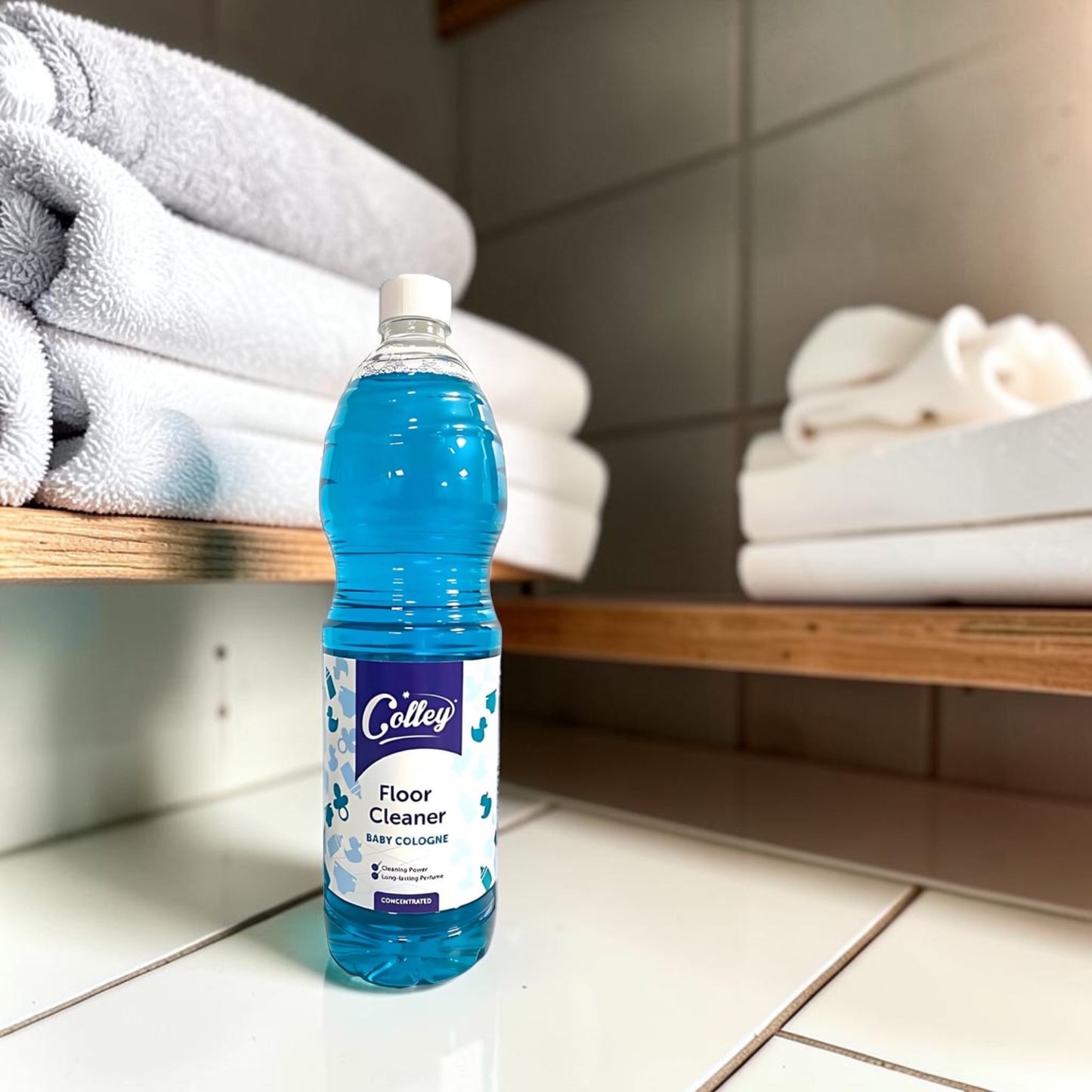 Scouse Bird Shop Colley floor cleaner in a 1.5L bottle with a bright blue liquid and baby cologne scent.