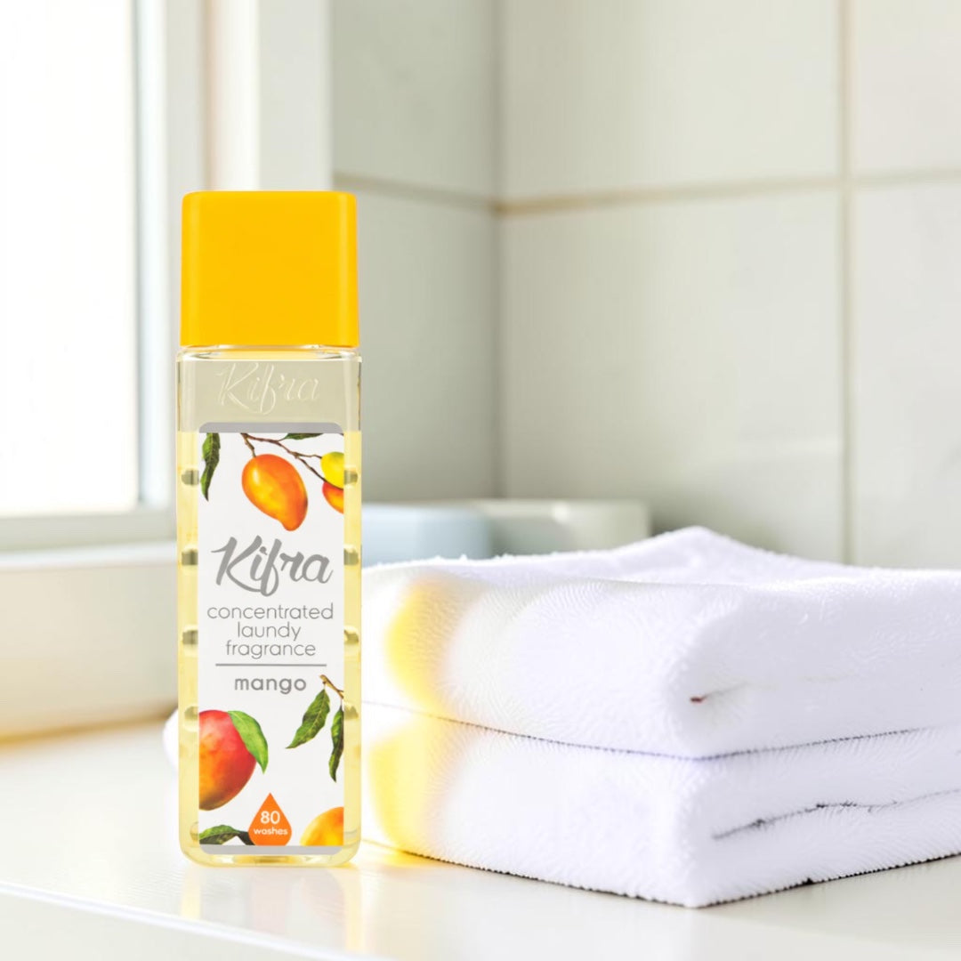 Scouse Bird Shop Kifra concentrated laundry fragrance in Mango scent, 500ml bottle with mango illustrations, 80 washes.