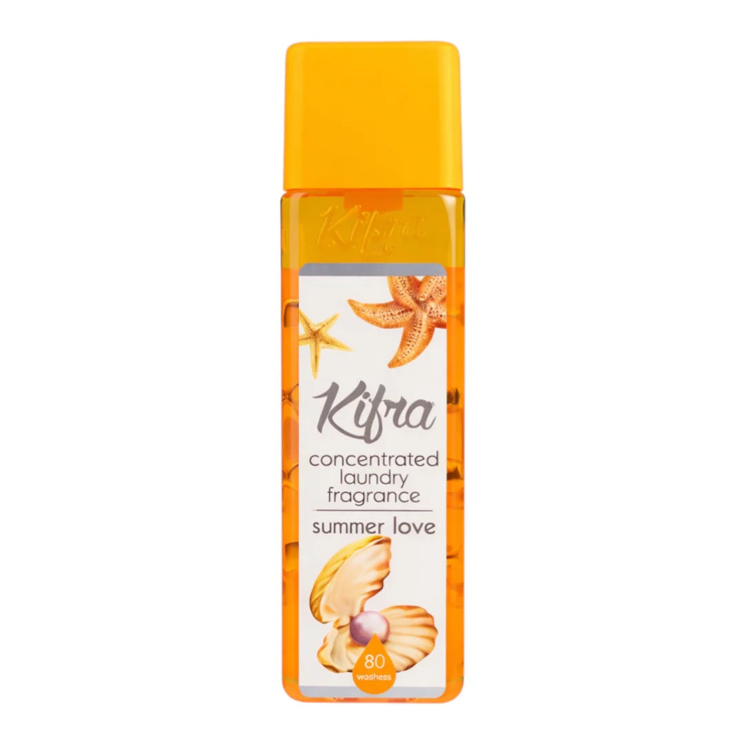 Scouse Bird Shop Kifra Summer Love concentrated laundry fragrance bottle with starfish and seashell design. 80 washes.