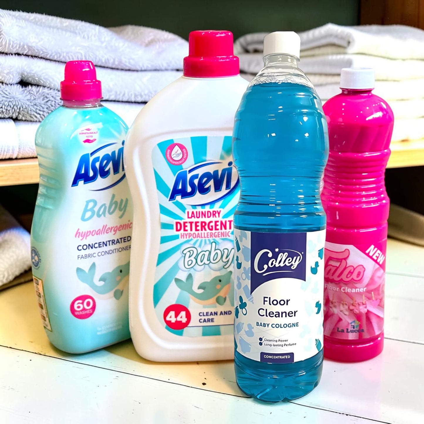 Scouse Bird Shop Spanish Baby Sensitive cleaning bundle featuring laundry detergent, fabric softener, and floor cleaners.
