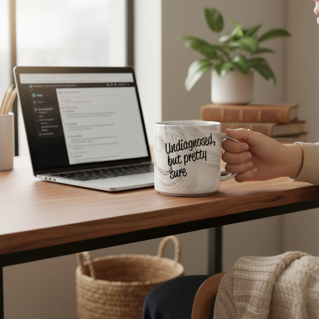Scouse Bird Shop grey marble ceramic mug with Undiagnosed But Pretty Sure text held by a person at a desk.