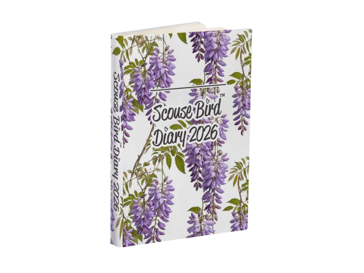 2026 Scouse Bird Diary with floral or leopard print cover, inner pocket, daily planner page, and ribbon bookmark.