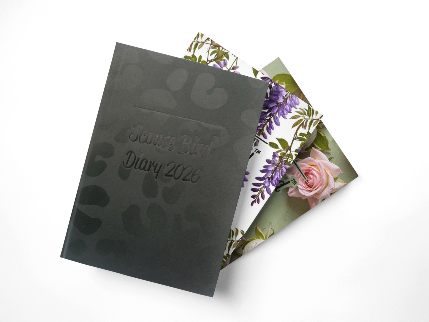2026 Scouse Bird Diary with floral or leopard print cover, inner pocket, daily planner page, and ribbon bookmark.