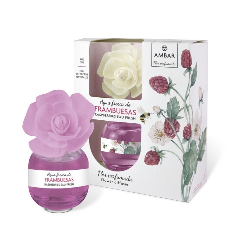 Scouse Bird Shop Ambar Magic Flower Diffuser in a raspberry scent with a pink flower and purple liquid. Features a unique colour-changing flower.