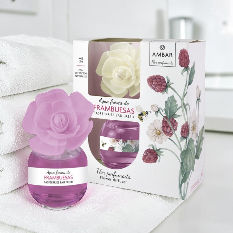 Scouse Bird Shop Ambar Magic Flower Diffuser in Raspberry scent. Pink flower diffuser with raspberry illustration on packaging.