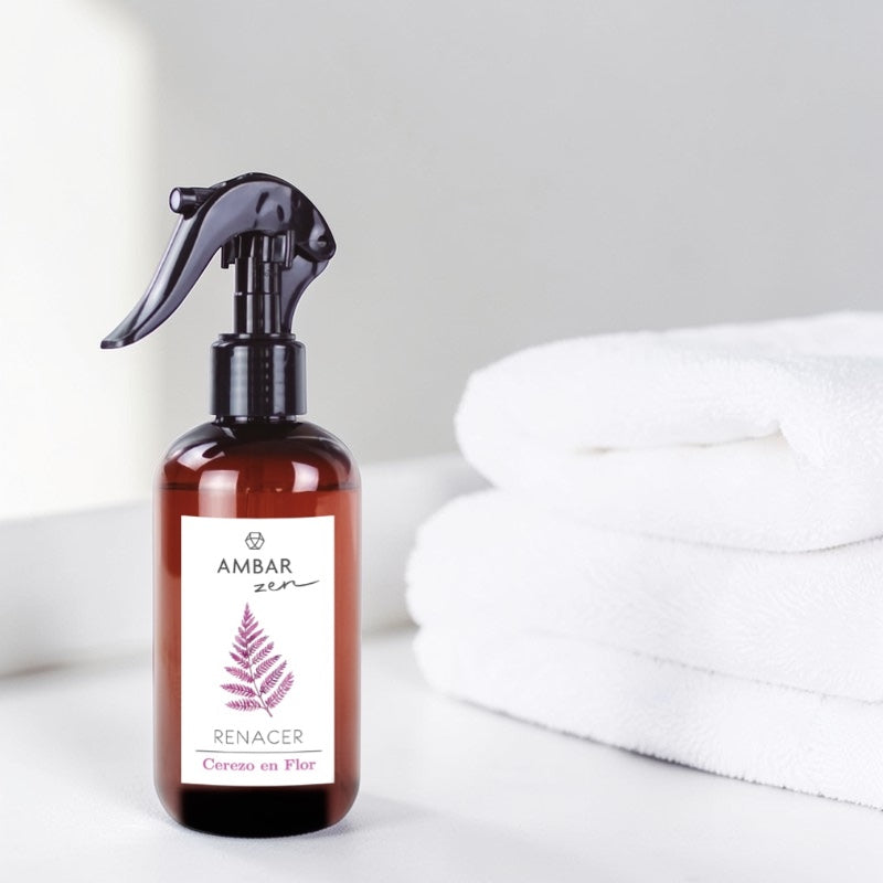 Scouse Bird Shop Ambar Zen Cherry Blossom air and fabric spray bottle with a fern leaf design. 225ml.