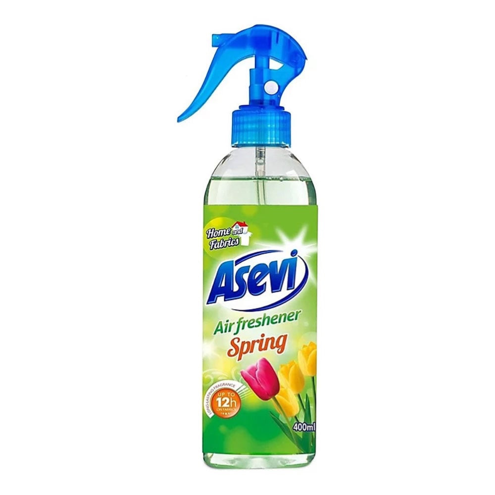 Scouse Bird Shop Asevi Spring Air Freshener & Linen Spray with blue trigger, 400ml bottle, featuring tulips and long-lasting fragrance.