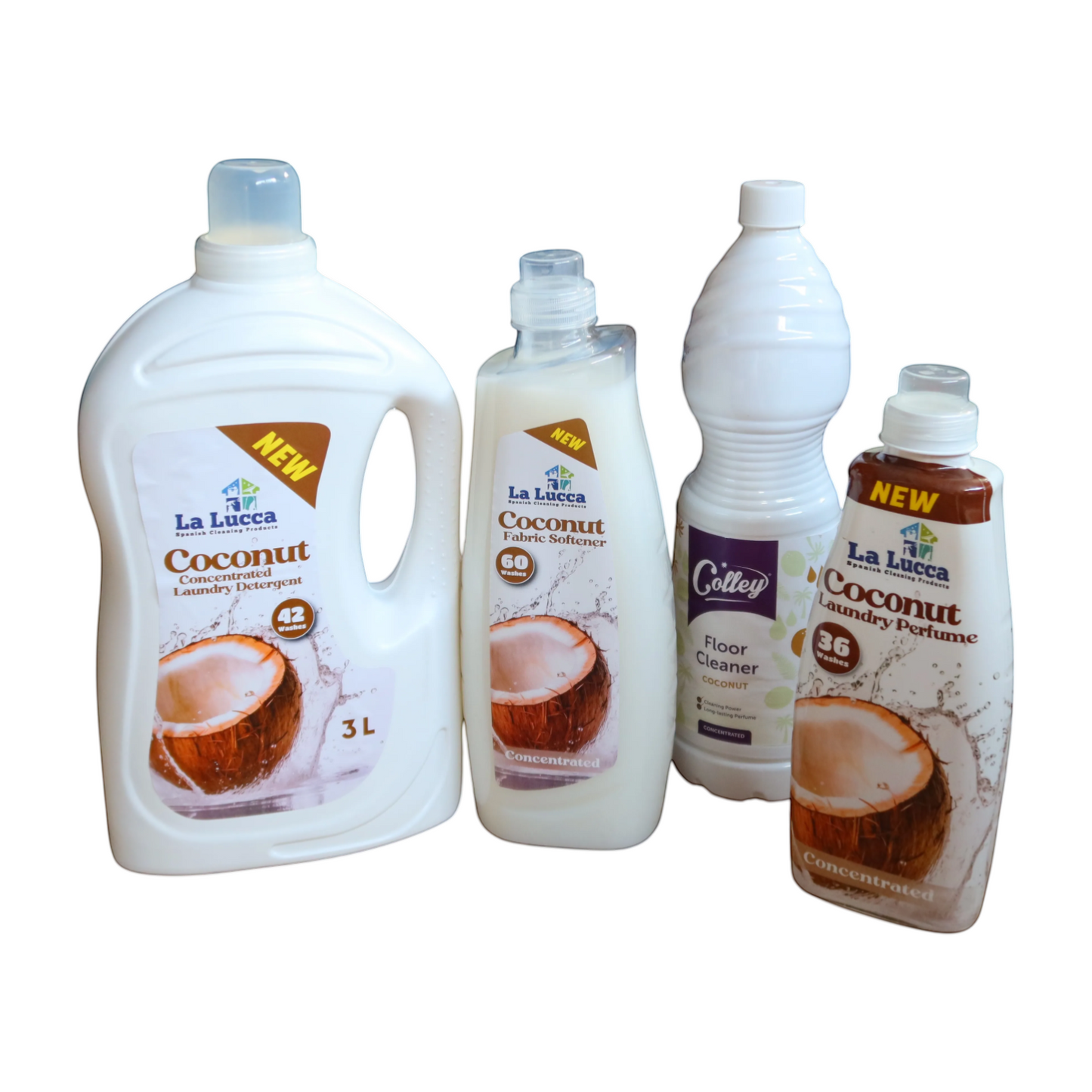 Scouse Bird Shop Spanish Cleaning White Bundle with coconut detergent, fabric softener, laundry perfume, and bathroom cleaner.