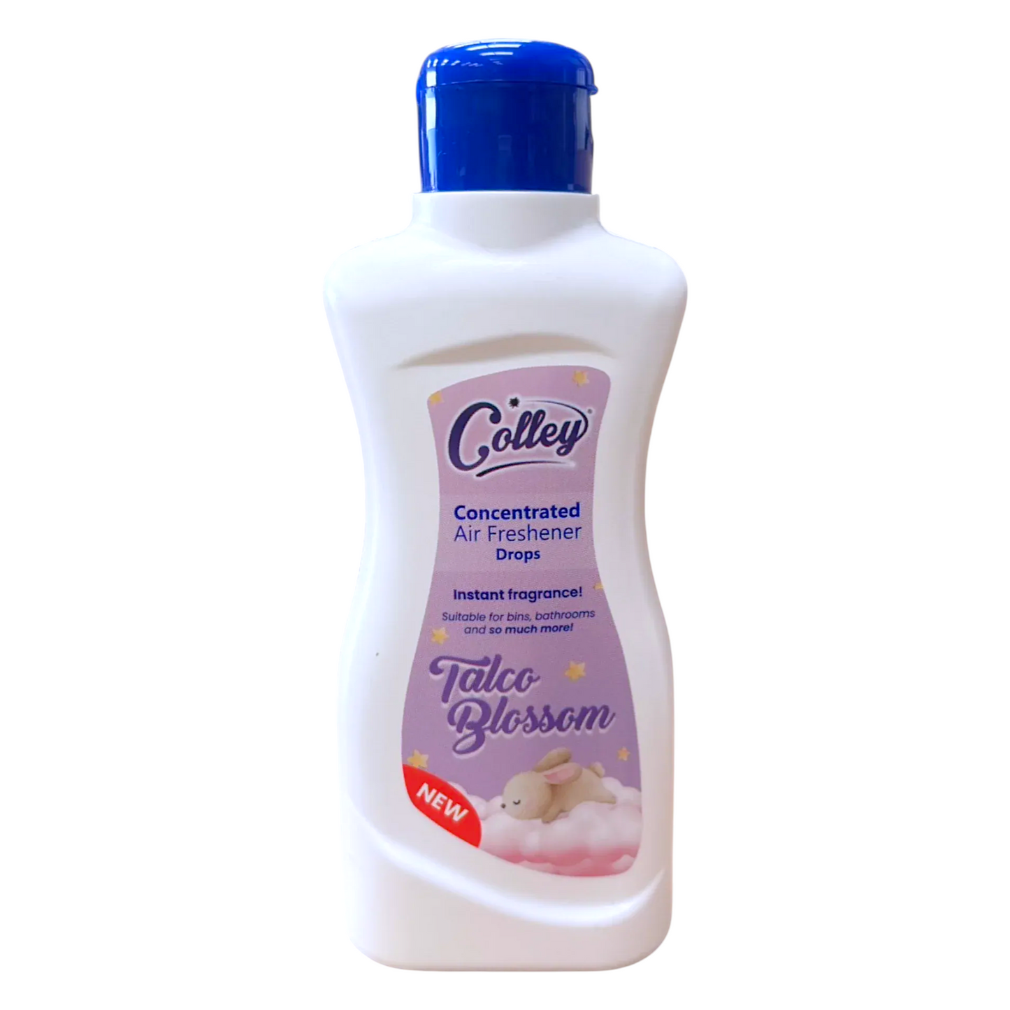Scouse Bird Shop Colley Talco Blossom concentrated air freshener drops in a white bottle with a blue cap. Features a cute bunny on clouds.