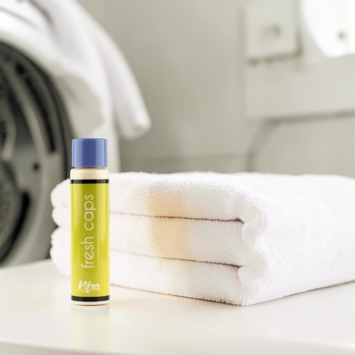 Scouse Bird Shop Kifra Laundry Perfume Mini in Fresh Caps scent, 25ml bottle with yellow label and blue cap.