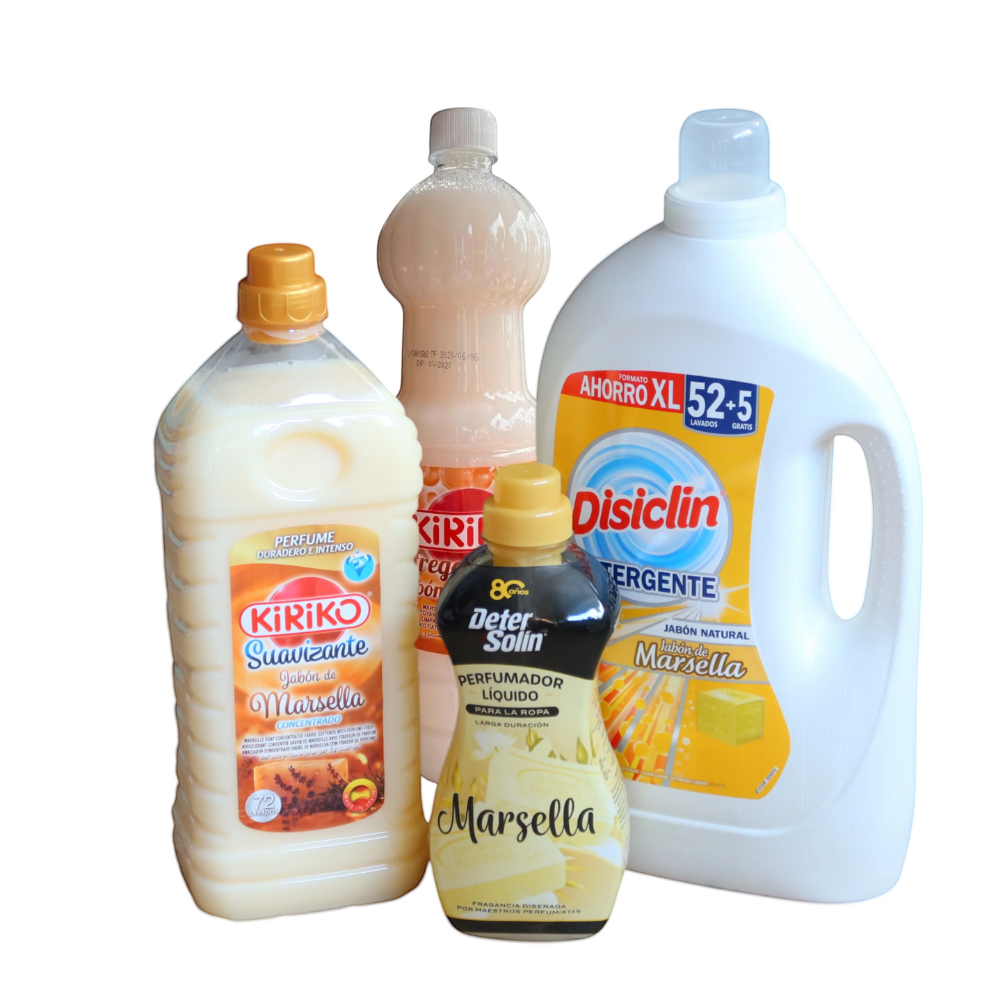 Scouse Bird Shop Spanish Cleaning Gold Bundle with Marsella soap fragrance laundry detergent, fabric softener, and laundry perfume.