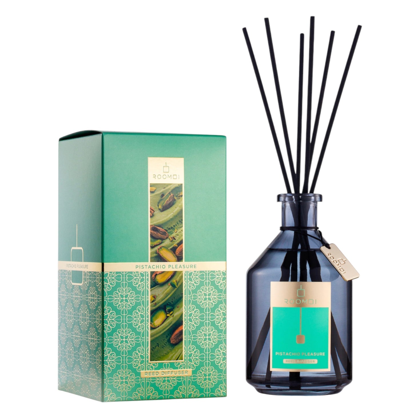 Scouse Bird Shop Roomoi Italian Reed Diffuser in Pistachio Pleasure scent, 500ml glass bottle with black reeds and decorative box.