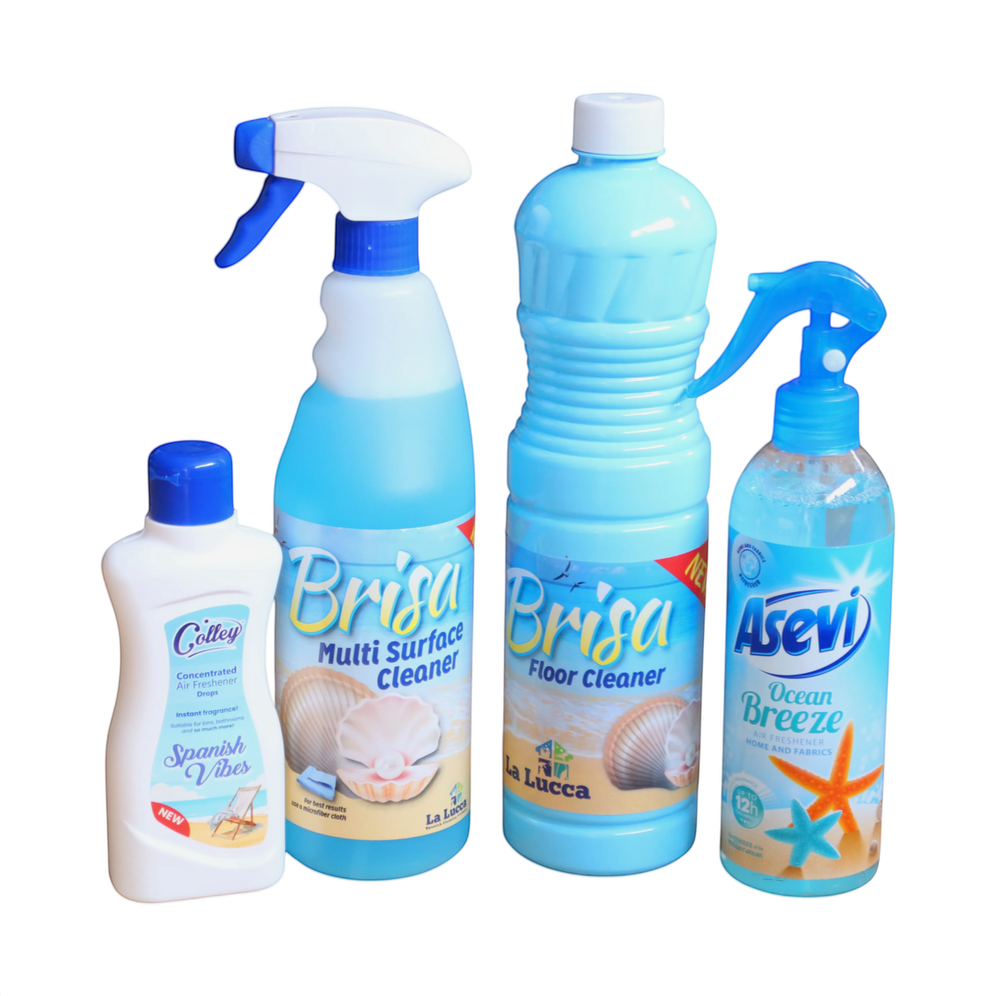 Scouse Bird Shop Sea Breeze Brisa Spanish Cleaning Bundle with floor cleaner, multi surface cleaner, and air freshener.
