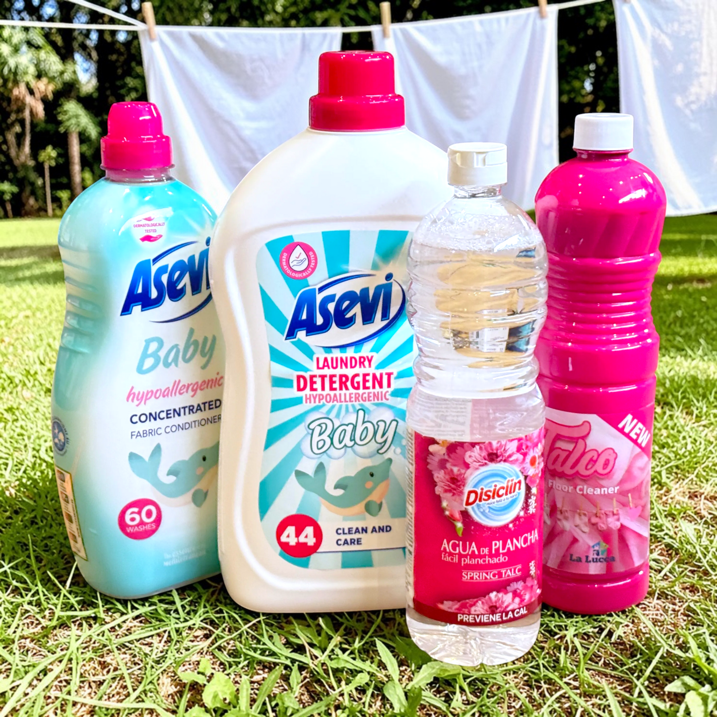Scouse Bird Shop Spanish Cleaning Baby Sensitive Bundle: Asevi laundry detergent, fabric conditioner, Disiclin ironing water, and La Lucca floor cleaner with talc scent.