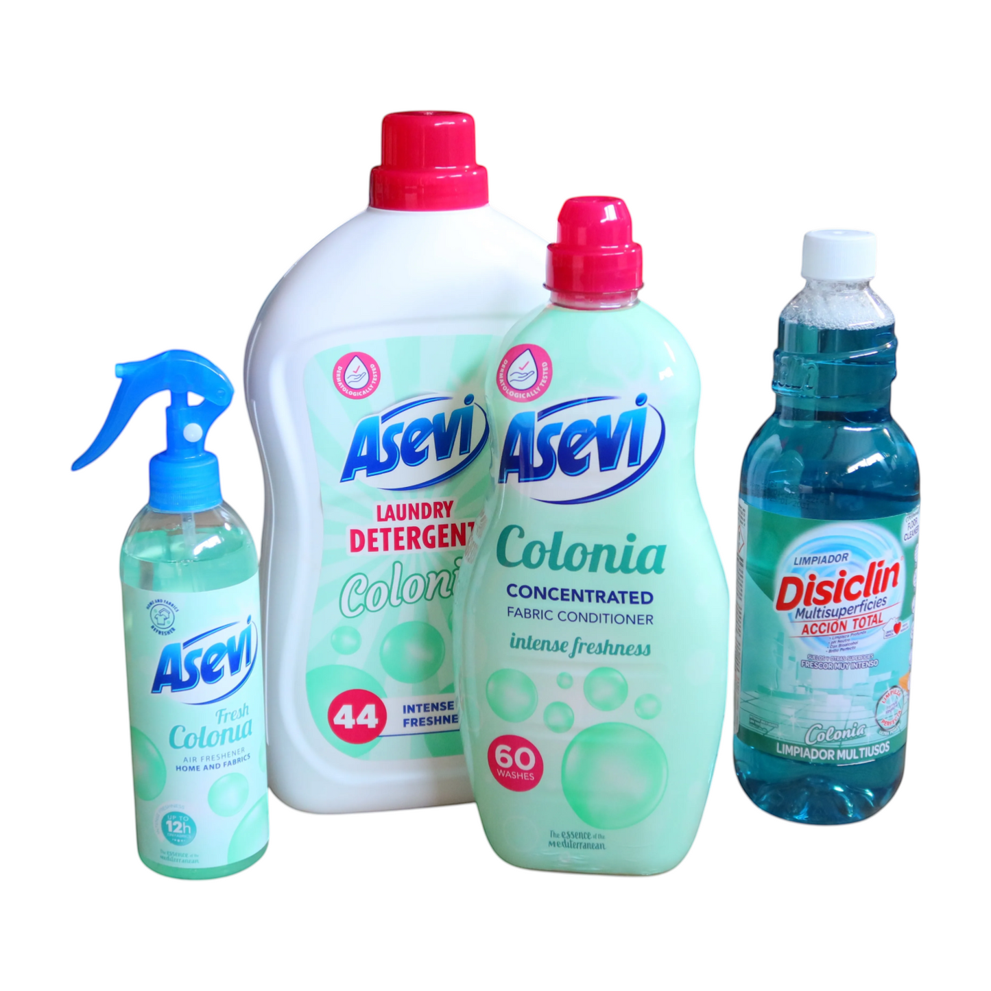 Scouse Bird Shop Spanish Cleaning Green Bundle with Asevi Colonia laundry detergent, fabric conditioner, air freshener and Disiclin multi-surface cleaner.