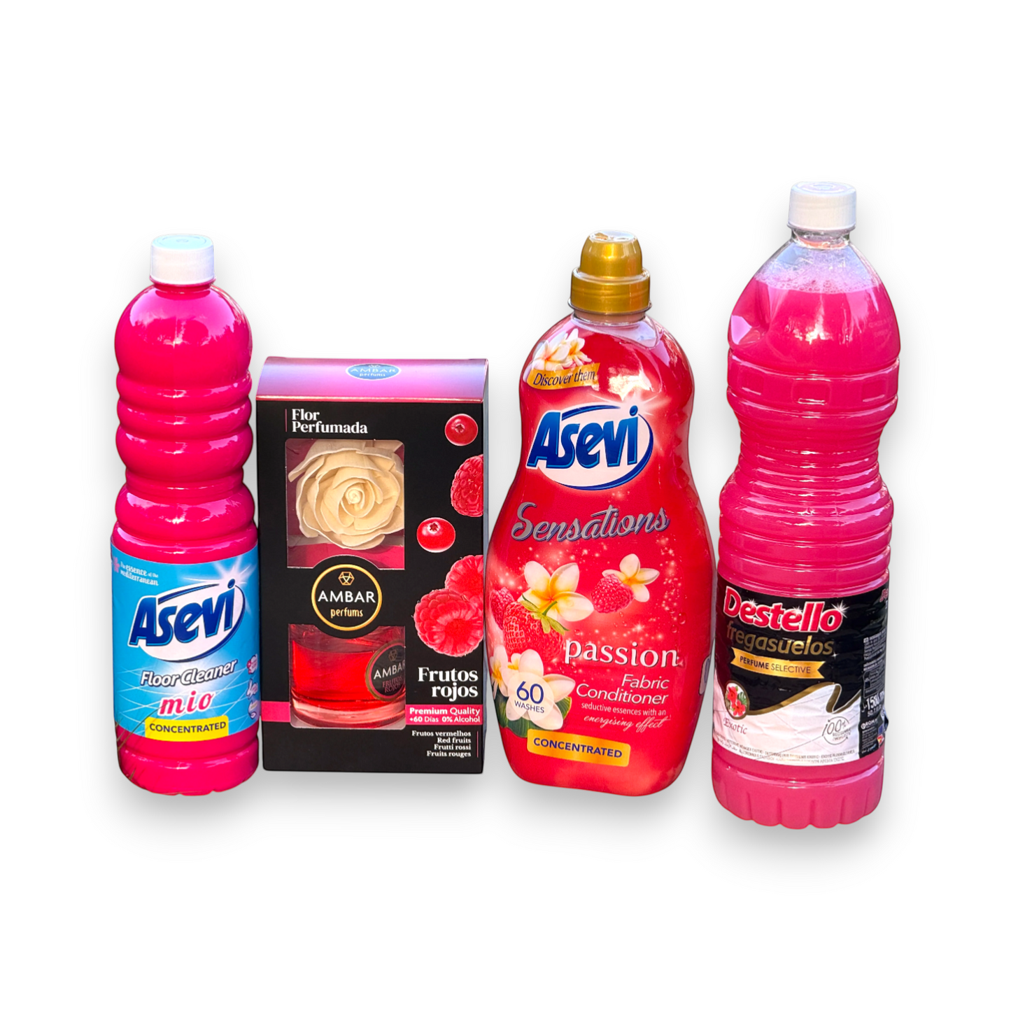 Scouse Bird Shop Spanish Cleaning Red Bundle with floral and fruity scents. Includes Asevi floor cleaner, fabric conditioner, Disiclin bathroom cleaner, and Destello floor cleaner.